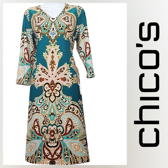 CHICO'S NWT Size 4/6 Country Fleur-Print A-Line Tapestry Teal Dress - Picture 1 of 5